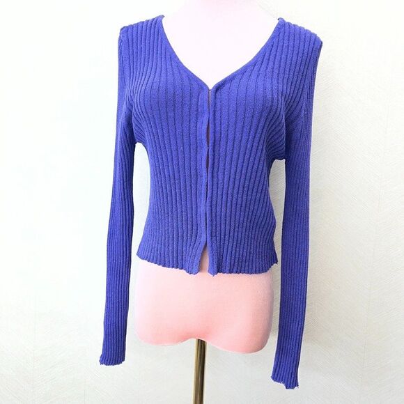 Unif Long Sleeve Violet Purple Ribbed Knit Cropped Cardigan Sweater Womens XL - Picture 3 of 13